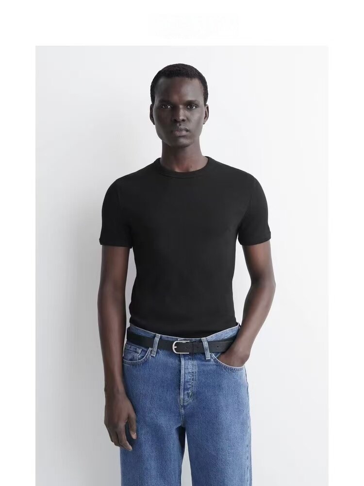 thumbnail for C*S Men's Slim Fit Crew Neck Ribbed Versatile T-Shirt White Summer 1229297001