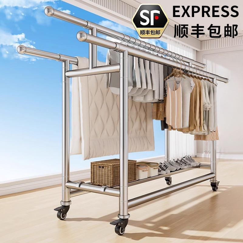 不锈钢伸缩晾衣架304加粗杆落地户外晒衣架阳台可用移动折叠架子
