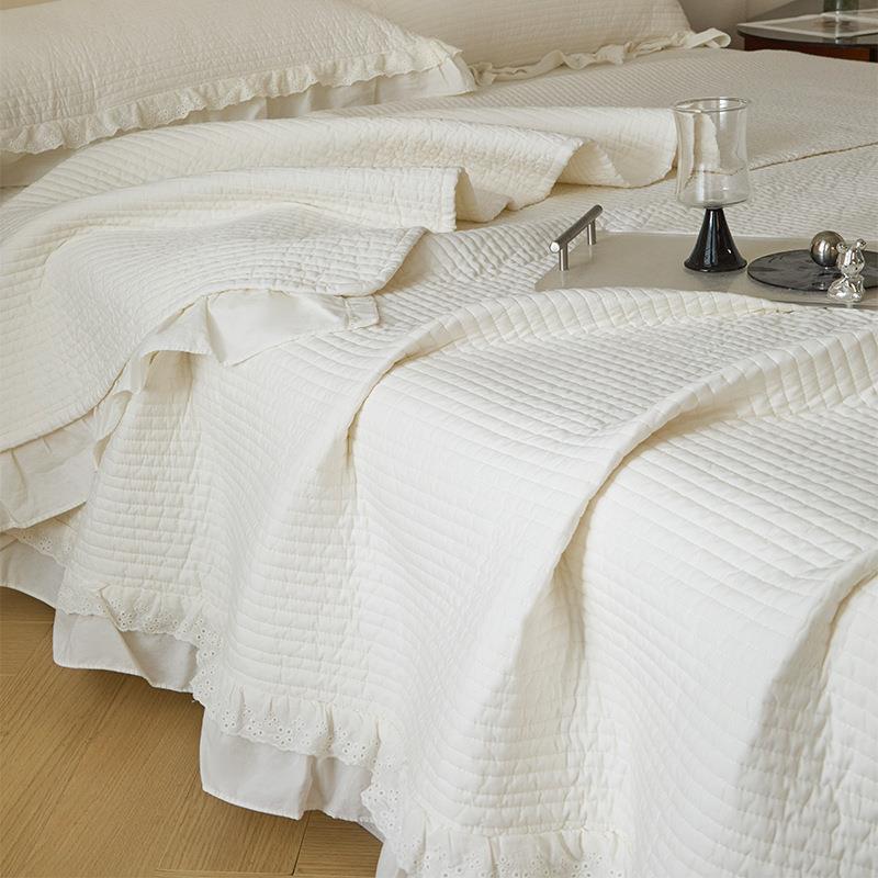 韩风高温砂洗绗缝夹棉花边纯色床盖三件套双面全棉榻榻米炕盖床单