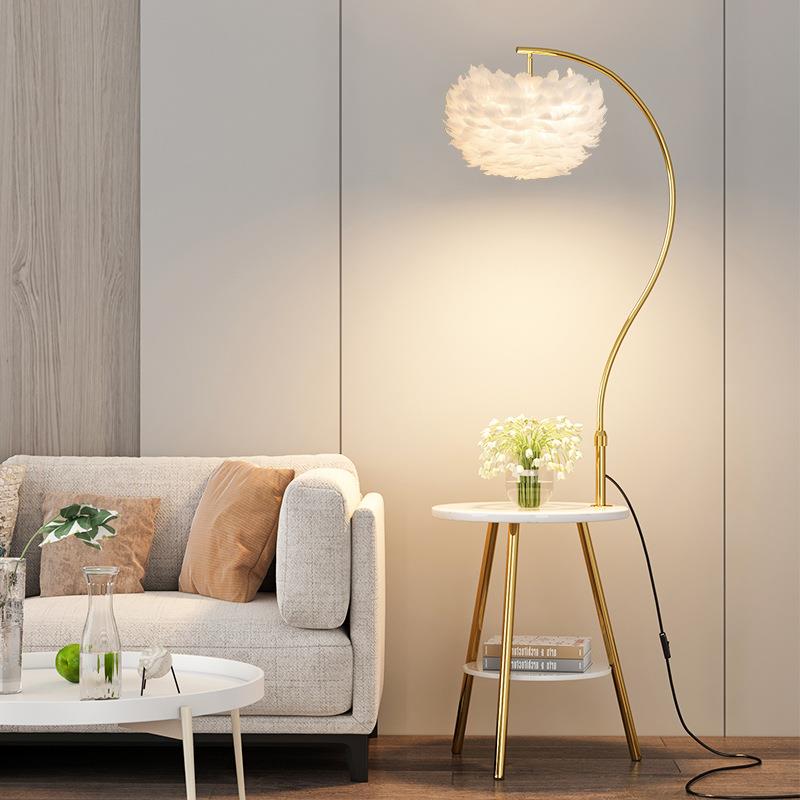羽毛落地灯客厅沙发边几轻奢简约网红卧室床头柜置物茶几立式台灯