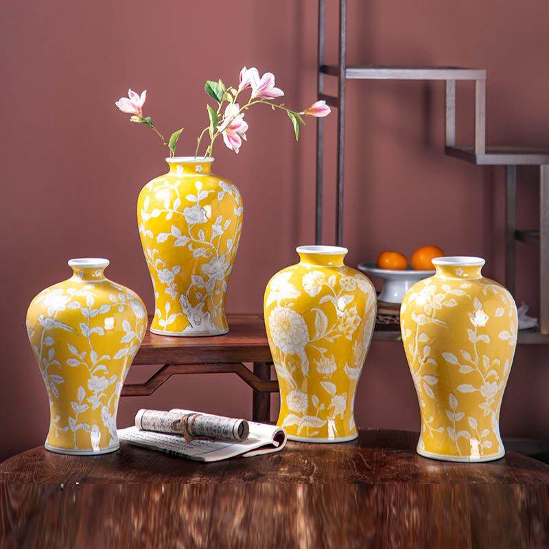 雨彤富贵黄兰开运摆件玄关客厅花瓶花器发财黄新中式摆件陶瓷