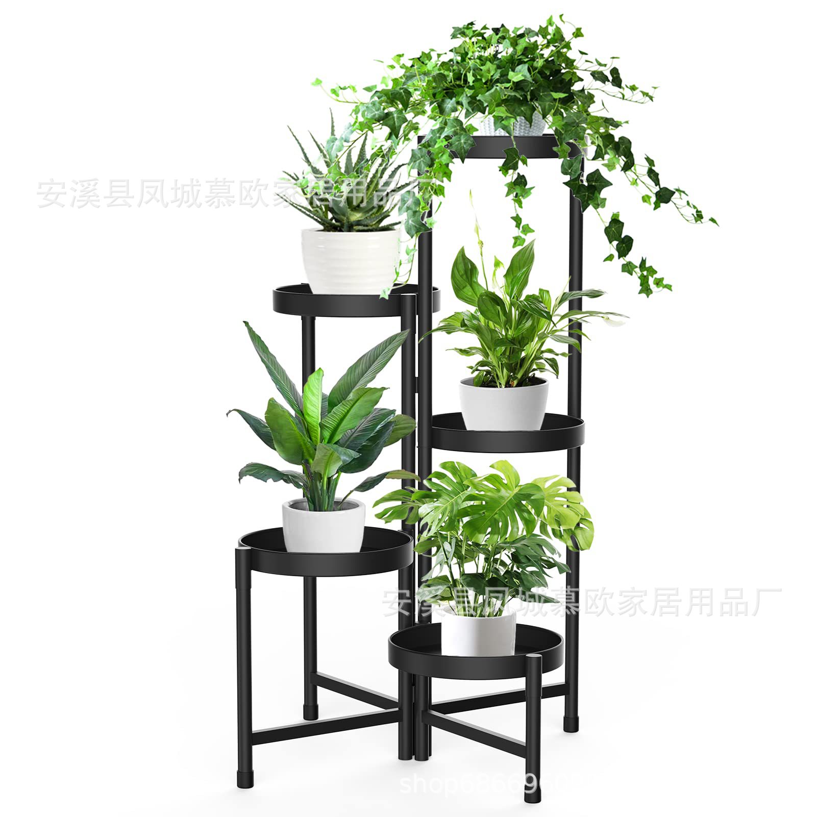 植物架 室内室外花盆展示架 角落盆栽储物架 五层 铁艺圆盘折叠