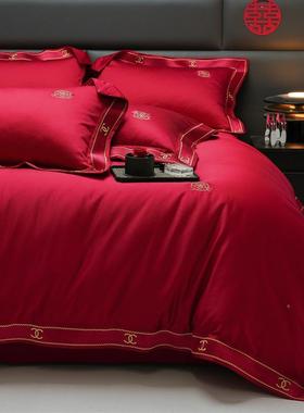统婚庆款经典大方喜庆红色纯棉面HII料床单圆贴传边刺绣角结婚用