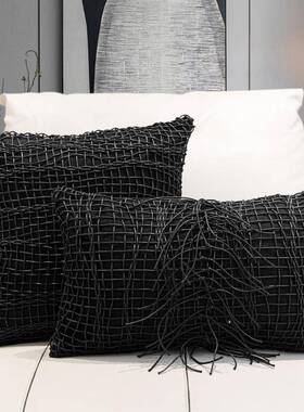 轻抱复古黑色枕样板间靠枕手工编织高档长UMJ方形装腰枕民宿奢软