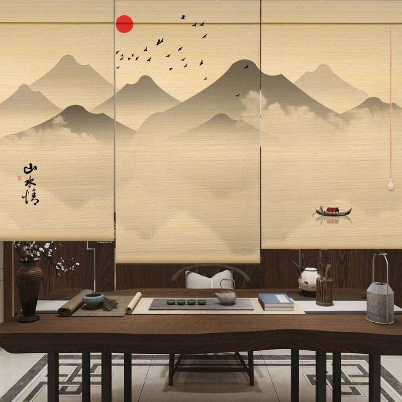 竹帘窗帘中式印花卷帘遮光升降遮阳帘隔断餐厅饭店家商用门帘