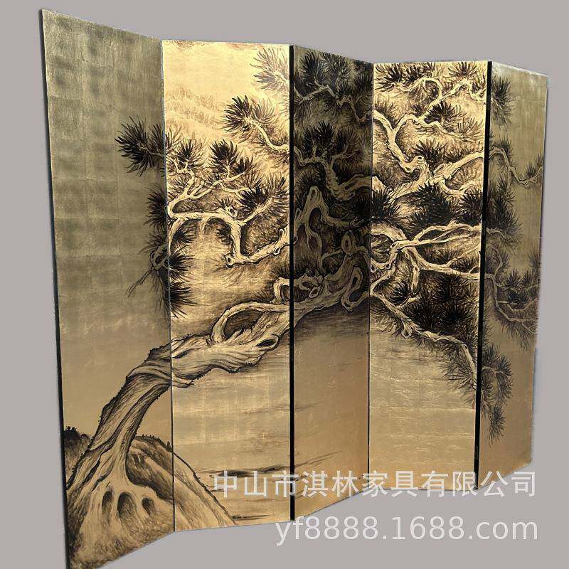 日式手绘金箔古松鹤中古屏风漆画客厅可折屏隔断移动古典茶室背景