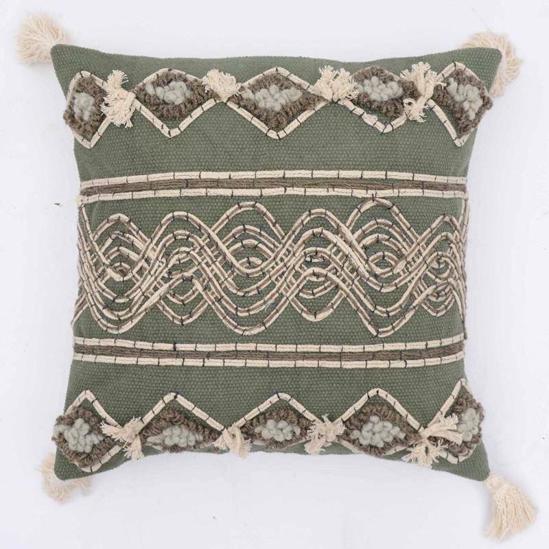 图编涂|绿谷印度口手SXR工织抱进枕客厅绿色棉麻流苏民靠枕宿装饰