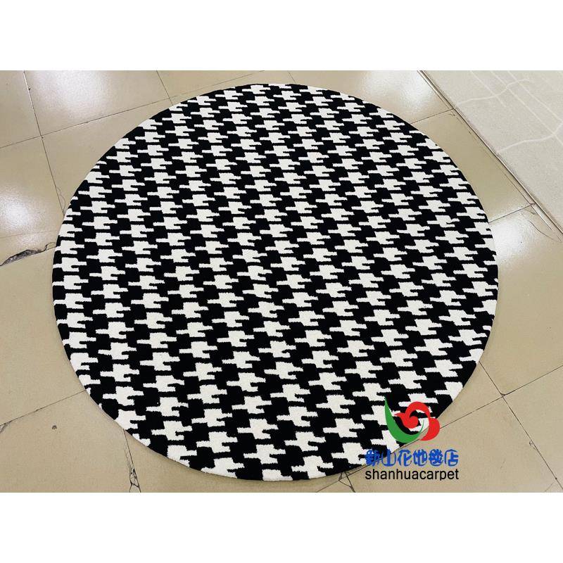 现代简约黑色白色格子圆形中式客厅茶几地毯钢琴书桌卧室衣帽间
