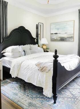 法式VMK复古主双人实卧木床黑色高柱美式雕花主公床小户轻奢大型