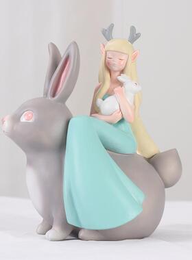 如果直销欧AL-57595兔饰男与鹿女艺创意客厅家居装卡通树式脂车载