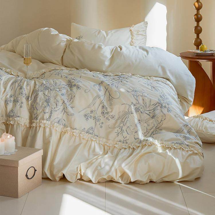 法式复古100S长绒棉纯棉磨毛四件套公主风褶皱刺绣全棉被套床品4