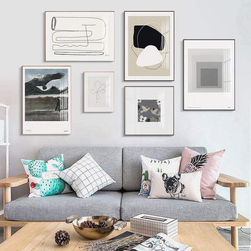 北欧抽象艺术画组合性冷淡极简装饰画线条客厅卧室玄关简约黑白画