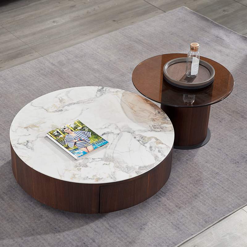 意式极简岩板面茶几组合小户型家用可拉伸网红大小圆形茶桌烟熏色