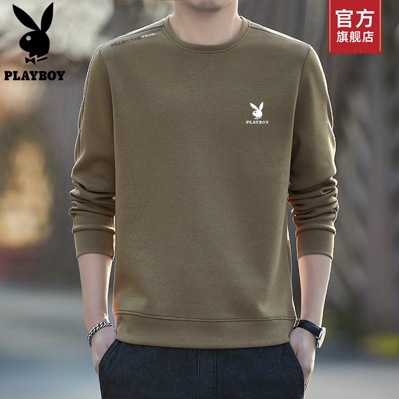 PLAYBOY/花花公子咖色圆领卫衣男士秋季新款宽松百搭休闲打底衫K