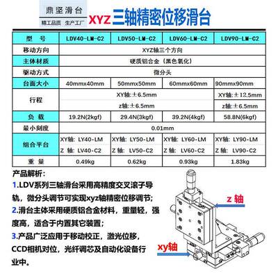 XYZ轴垂直4升降LDV40/505台三轴手动精密位移微调滑台DV006090光L