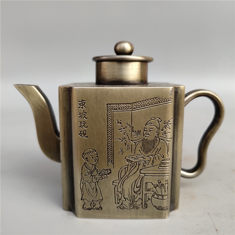 仿古白铜童东坡玩砚水滴摆件