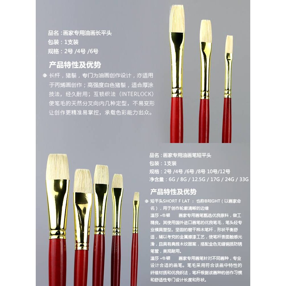 温莎牛顿油画笔猪鬃平头油画笔圆头尖头榛形峰画笔扇形笔画家专用