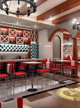 快餐直供美式5CVO0年代复古不锈桌椅快餐厅汉堡桌店餐桌钢椅椅组