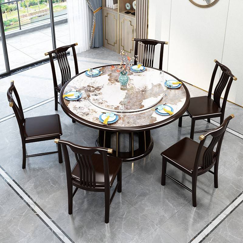 新中式亮光岩板餐桌全实木1.8米轻奢现代大圆桌家用餐厅圆形饭桌