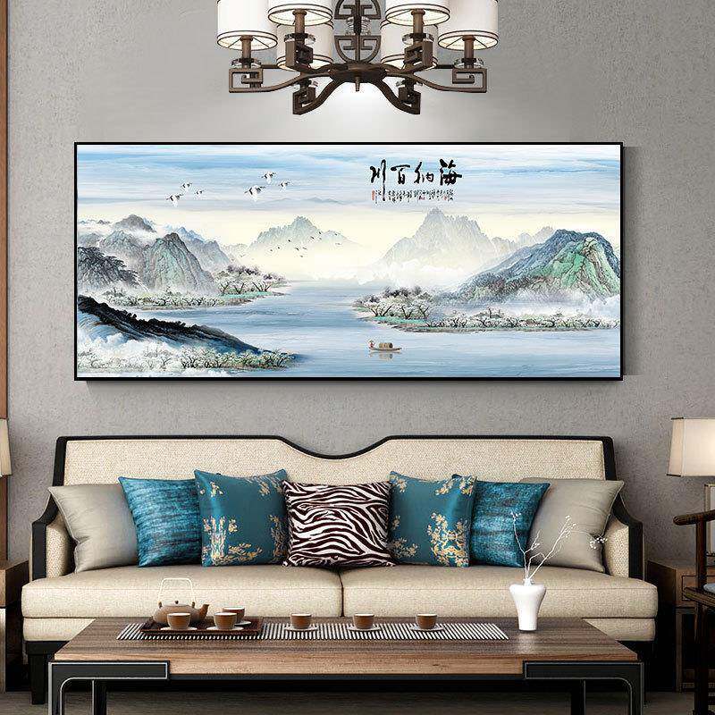 新青中式客厅装饰画沙发背景横版山水墙RBC壁风挂画现代山景绿水