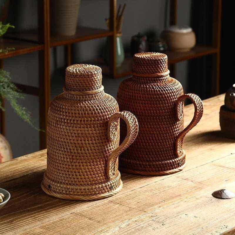 家老式藤编热水瓶怀旧竹编暖水壶用复古保温玻开水无品牌/瓶民宿