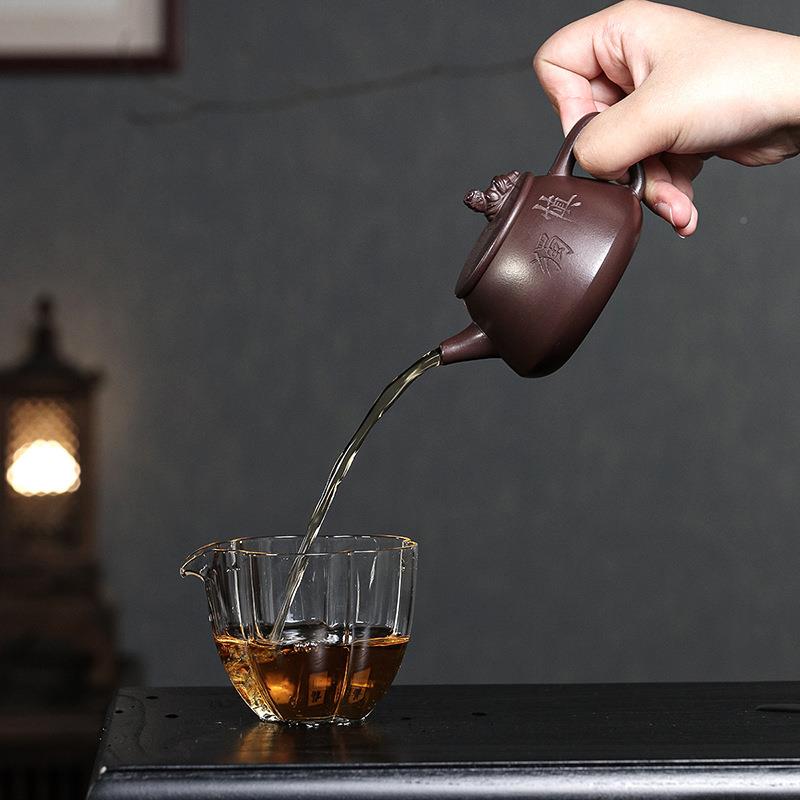 兴紫砂壶全手工刻绘原纯宜ZS-8514矿直紫泥慎独石瓢泡茶壶茶具播