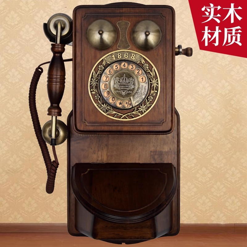 跨境欧式仿古木质壁挂式电话老式转盘旋转拨号复古挂墙固定电话机