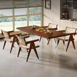 实木亚克力悬浮桌家用小户型客厅原木风餐桌椅组合长方形吃饭桌子