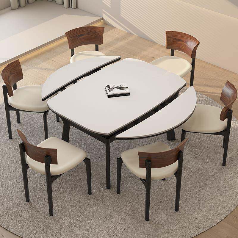 可伸缩实木岩板餐桌可变圆桌小户型家用奶油中古风原木折叠饭桌子