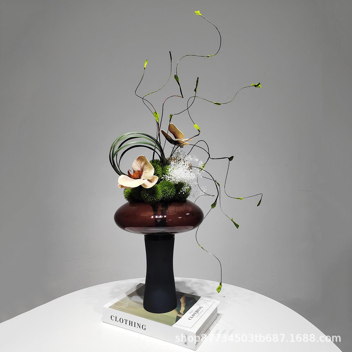 现代茶色圆形玻璃花瓶仿真花艺摆件客厅花束插花器样板房间装饰品