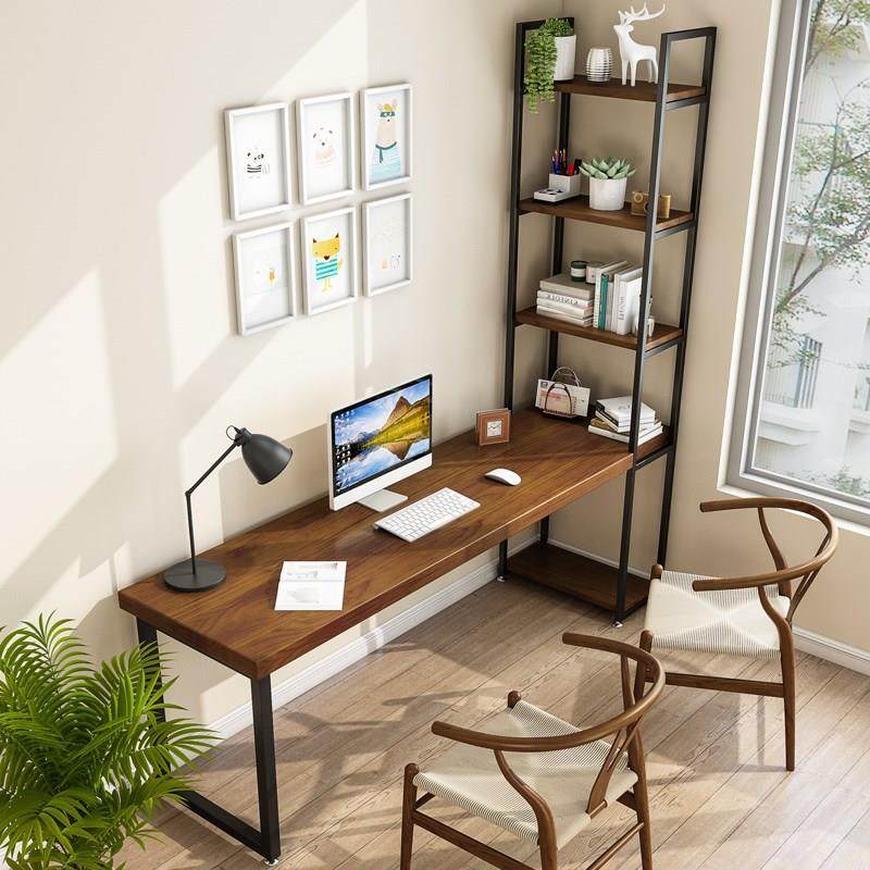 实木电脑桌简约一体组合家用写字桌书桌书架卧室长条桌角落带书柜