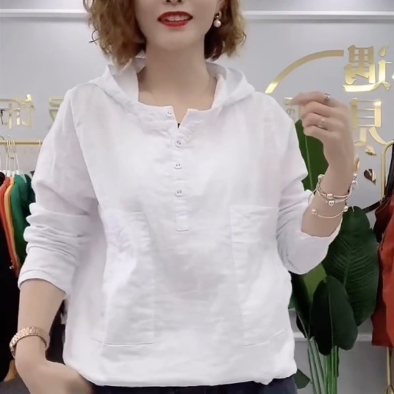 2025春夏季新款长袖宽松大码纯色棉麻百搭舒适连帽T恤女帽衫上衣