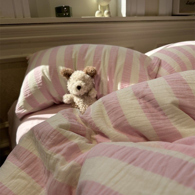 少女色织双层皱皱纱桃粉条纹四件套全棉1.5m1.8米公寓被套三件套