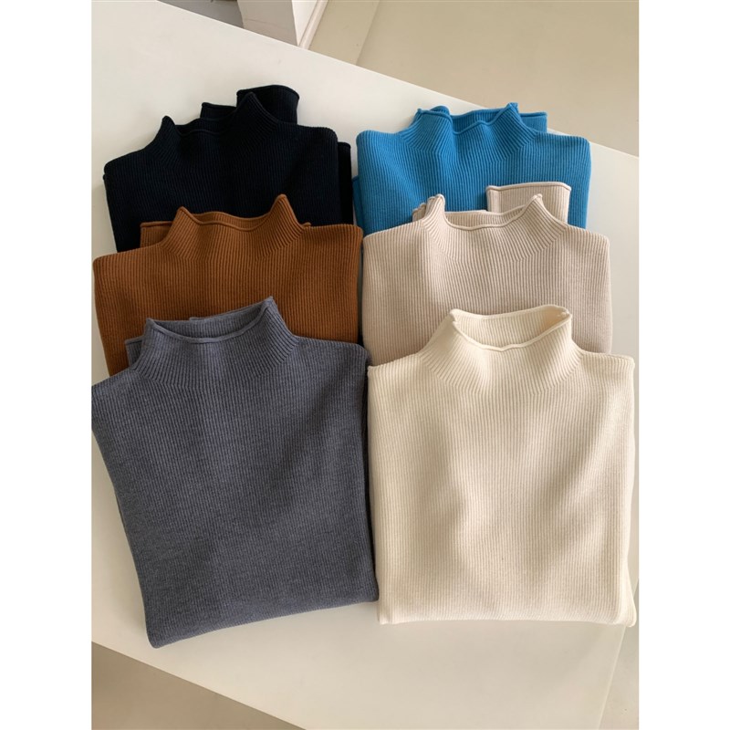 秋冬季超好穿6色半高领针织打底衫 简约小卷边百搭宽松针织毛衣女