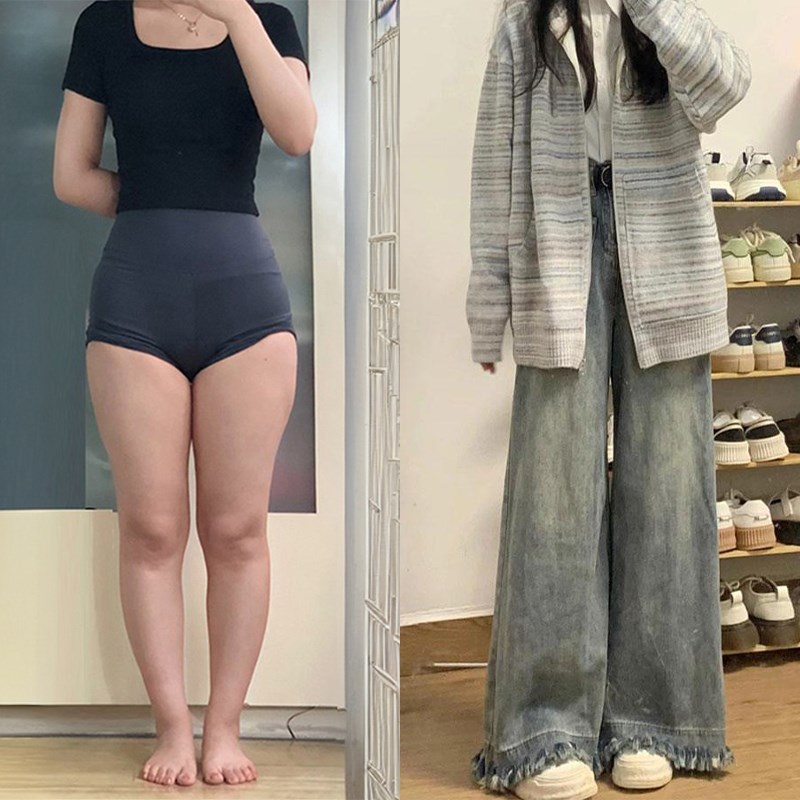 特大码美式学院风设计感流苏直筒牛仔裤女胖mm高腰显瘦阔腿长裤子