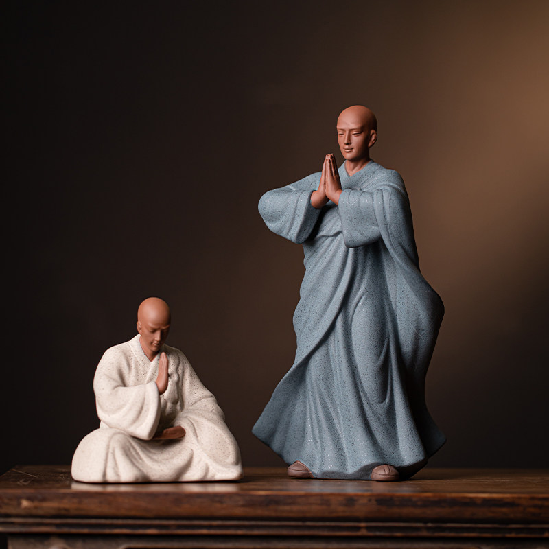 新中式紫砂小和尚摆件禅意陶瓷人物客厅茶桌玄关装饰鱼缸假山造景