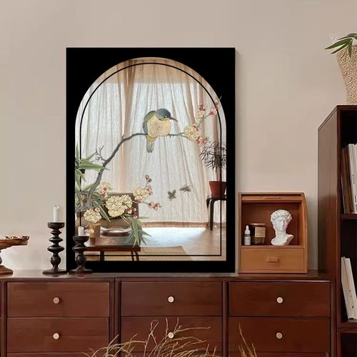 中古风客厅电视柜镜子摆画高级感卧室装饰画复古餐厅挂画玄关壁画