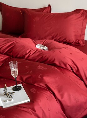 100支大红色婚庆提花玫r瑰花全棉细腻裸睡结婚四件套1.5m1.8米纯