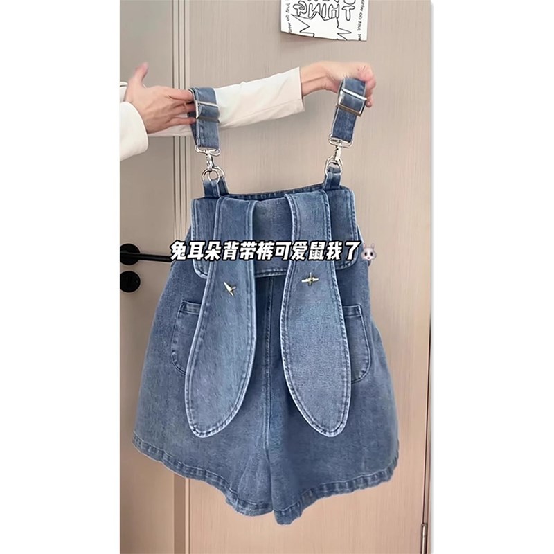 300斤胖mm大码女装美式复古牛仔背带裤女高腰宽松显瘦阔腿短裤潮