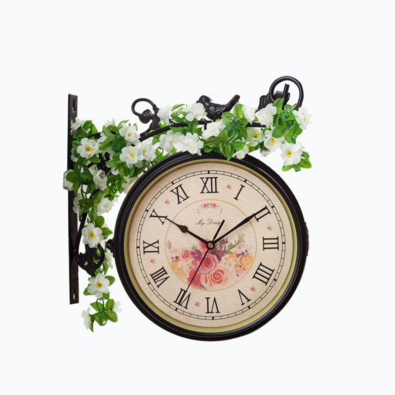 欧式双面挂钟客厅家用创意时尚大B号时钟两面田园简约静音铁艺钟