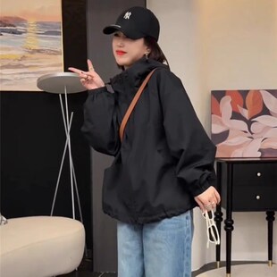 韩版 2025新款 宽松百搭高级感小个子上衣 连帽春季 冲锋衣外套女短款