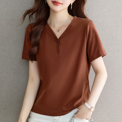 纯色v领短袖t恤女2025年新款夏季爆款遮肚子显瘦上衣洋气半袖体恤
