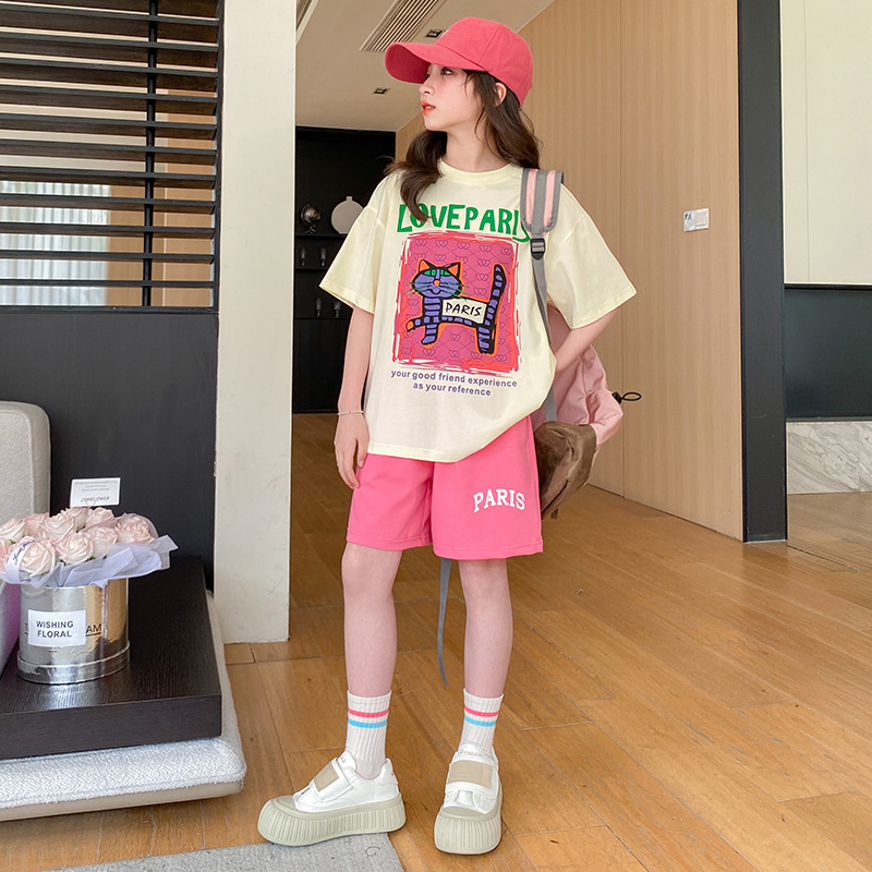 女童夏季短袖套装2024新款女大童夏装韩版T恤短裤儿童运动两件套
