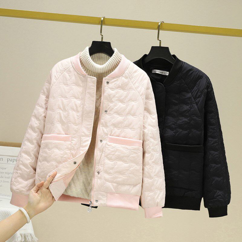 法式甜美羽绒棉轻薄立领棉衣女新款百搭夹棉棒球服棉袄女粉色外套