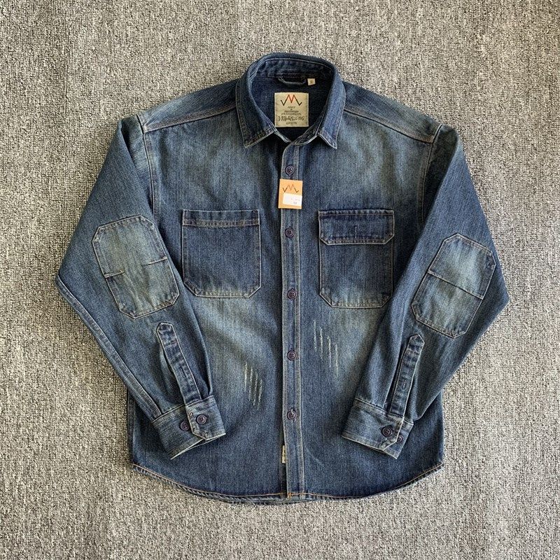 男士美系复古全棉纯棉水洗做旧衬衣工装咔叽肘部补丁长袖牛仔衬衫,男装,衬衫,淘宝优惠券,粉丝福利购,淘宝优惠卷