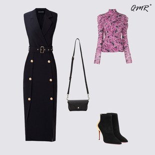 2025春秋季新款系带西装马夹裙女长款时尚双排扣显瘦坎肩马甲女裙