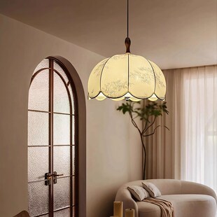 法式中古餐厅吊灯侘寂风实木书房餐E桌灯复古布艺民宿卧室长线吊