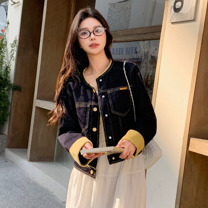 黄色拼接撞色牛仔外套女小个子2025春季韩系气质短款上衣时尚夹克