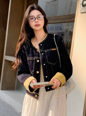 黄色拼接撞色牛仔外套女小个子2025春季韩系气质短款上衣时尚夹克