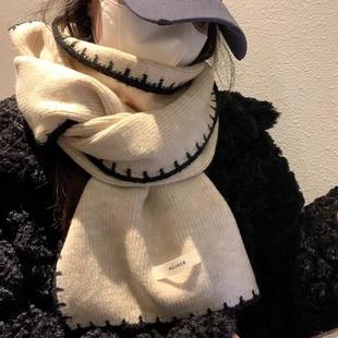 2025新款韩系锁边针织围巾可爱女冬季学生简约纯色保暖含羊毛围脖